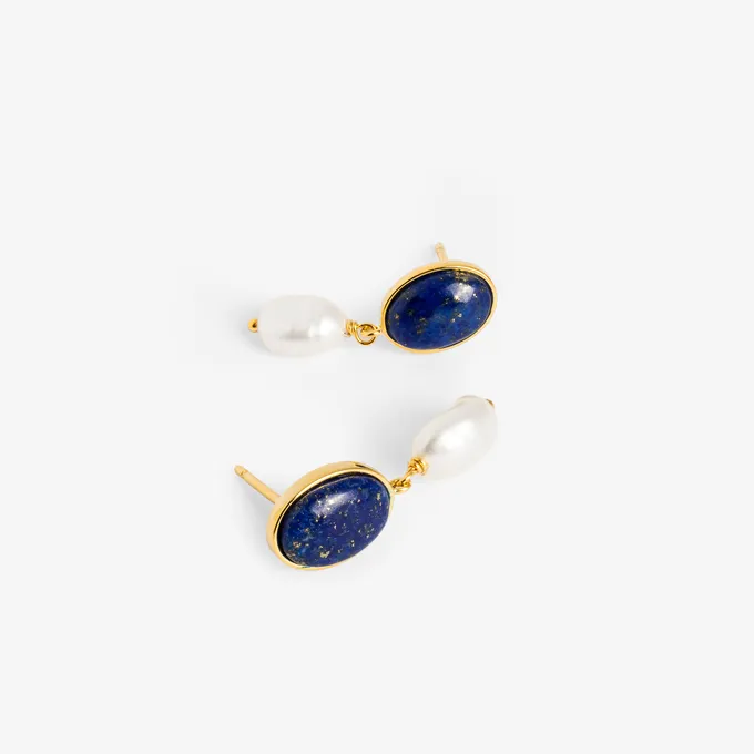 KOLCZYKI Z LAPIS LAZULI; I PERŁAMI, SREBRNE POZŁACANE