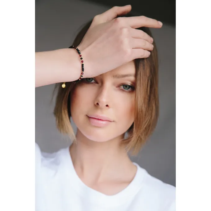 BRANSOLETKA Z ONYKSEM; I GRANATEM, SREBRNA POZŁACANA