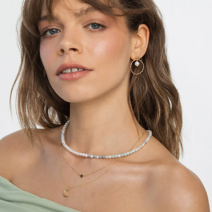CHOKER Z PEREŁ I AMAZONITU; SREBRNY POZŁACANY