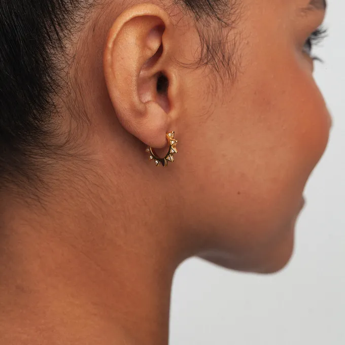 Kolczyki kółeczka z trójkątami; i cyrkoniami, srebrne pozłacane