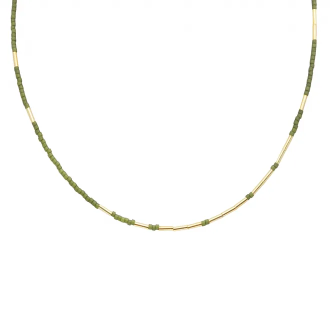 Choker z koralikami; oliwkowymi, srebrny pozłacany
