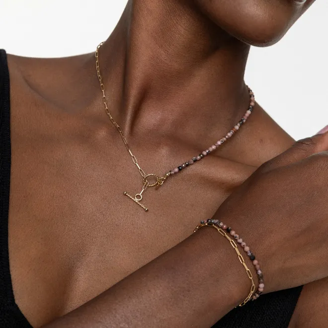 Choker z rodonitem; srebrny pozłacany