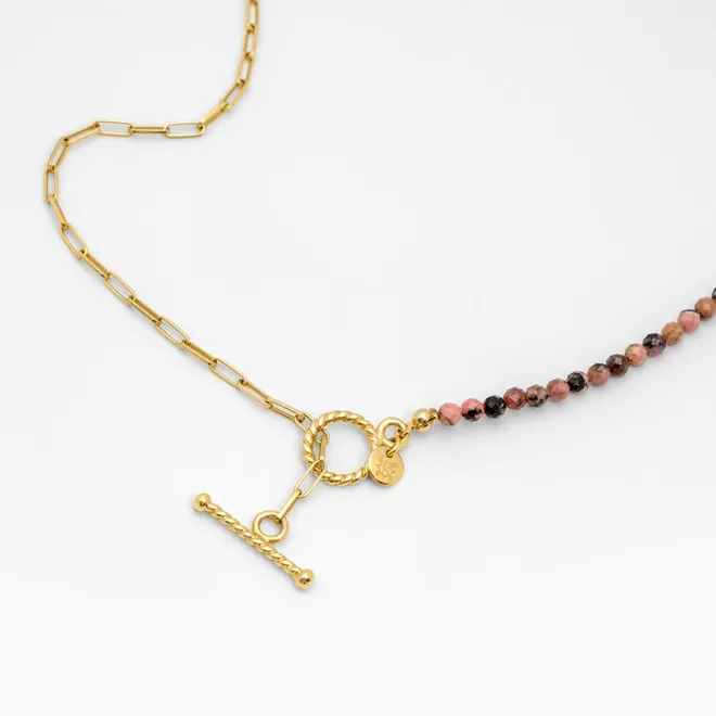 Choker z rodonitem; srebrny pozłacany