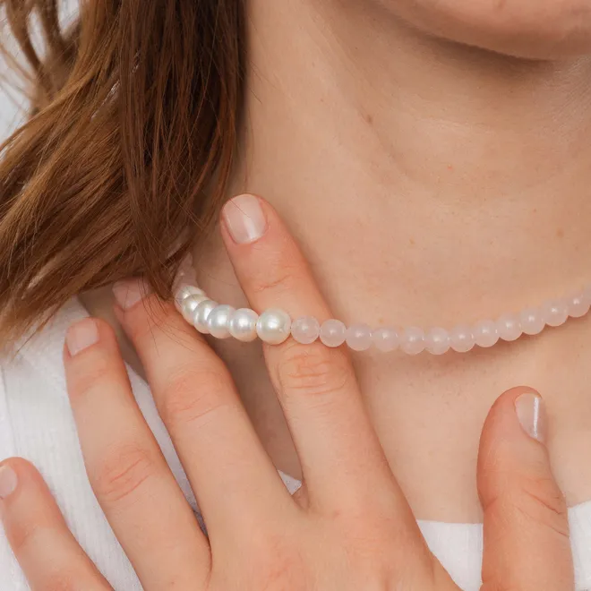 Choker z kwarcem i perłami; srebrny pozłacany