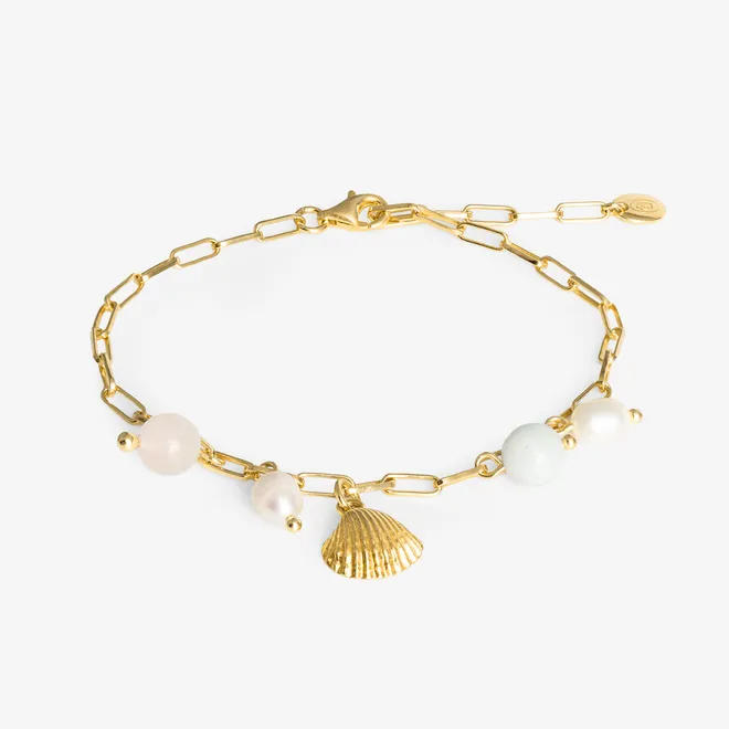 Bransoletka z zawieszką w kształcie muszelki; z akwamarynem, kwarcem różowym i perłami, srebrna, pozłacana