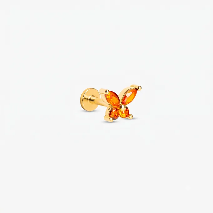 Kolczyk motyl z pomarańczowymi cyrkoniami 9,3 mm; srebrny pozłacany